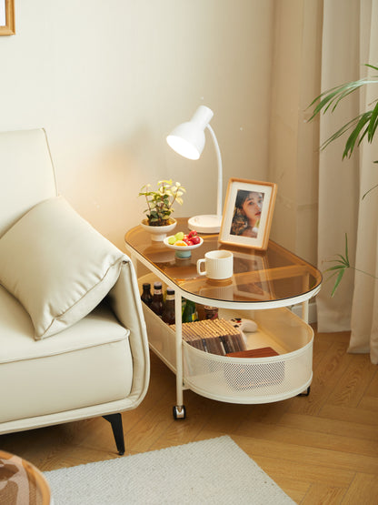 Movable Oval Metal Glass Coffee Table With Storage - White