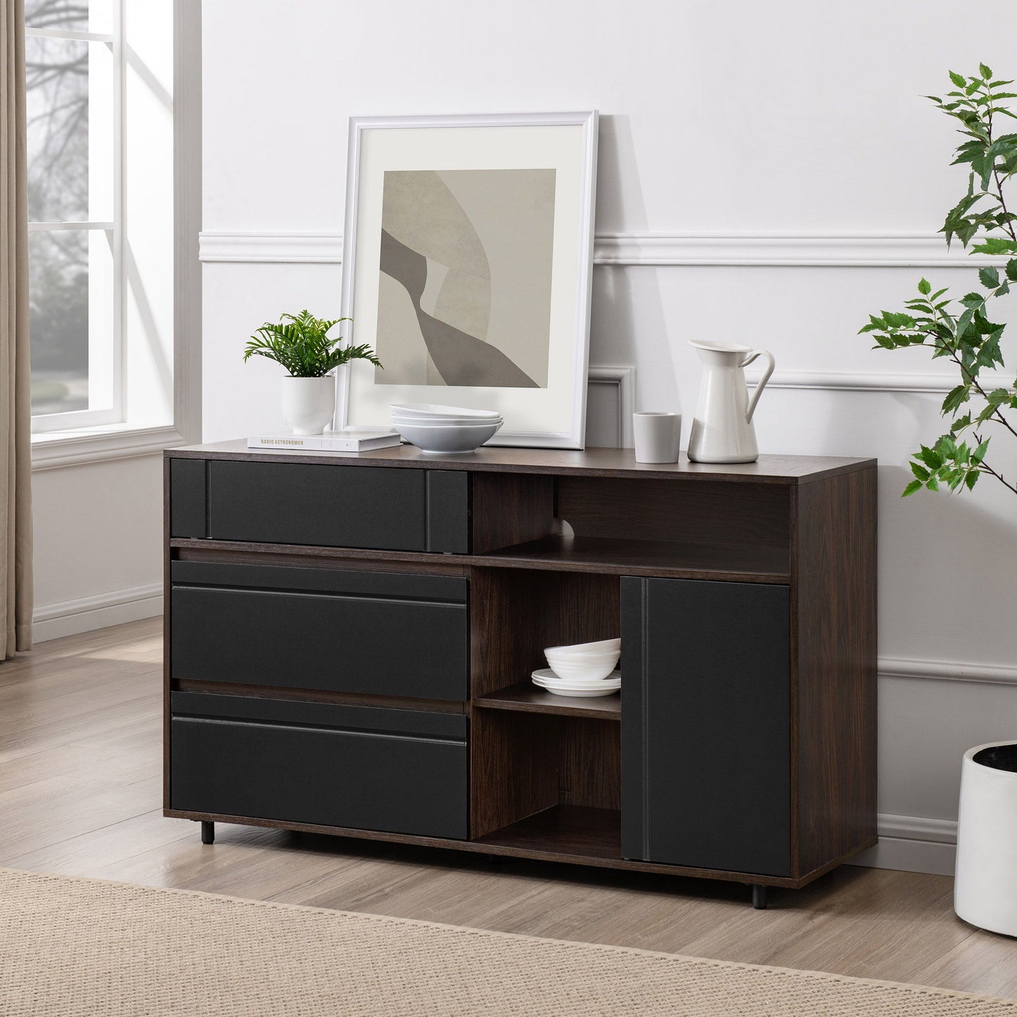 Contemporary Detailed Door Sideboard With Open Storage