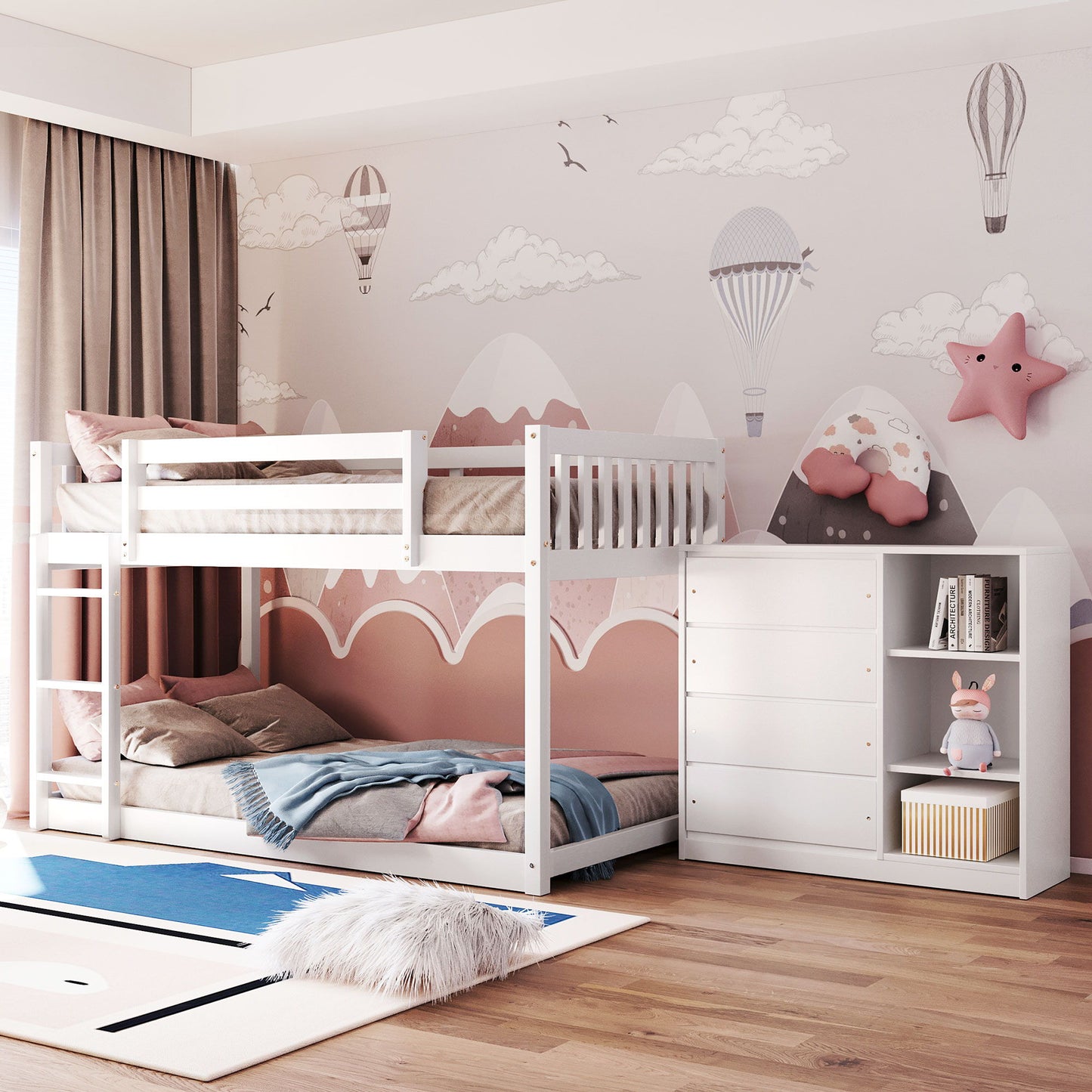 Twin Over Twin Bunk Bed With 4 Drawers And 3 Shelves