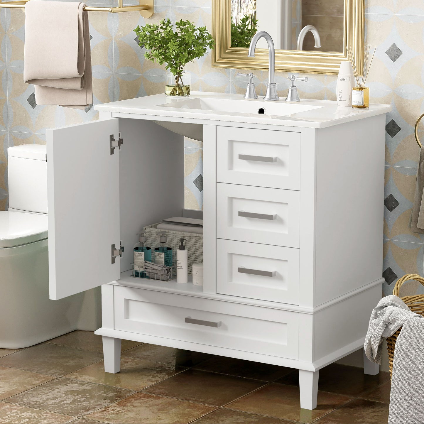 Bathroom Vanity, Modern Bathroom Cabinet With Sink Combo Set, Bathroom Storage Cabinet With A Soft Closing Door And 3 Drawers, Solid Wood Frame