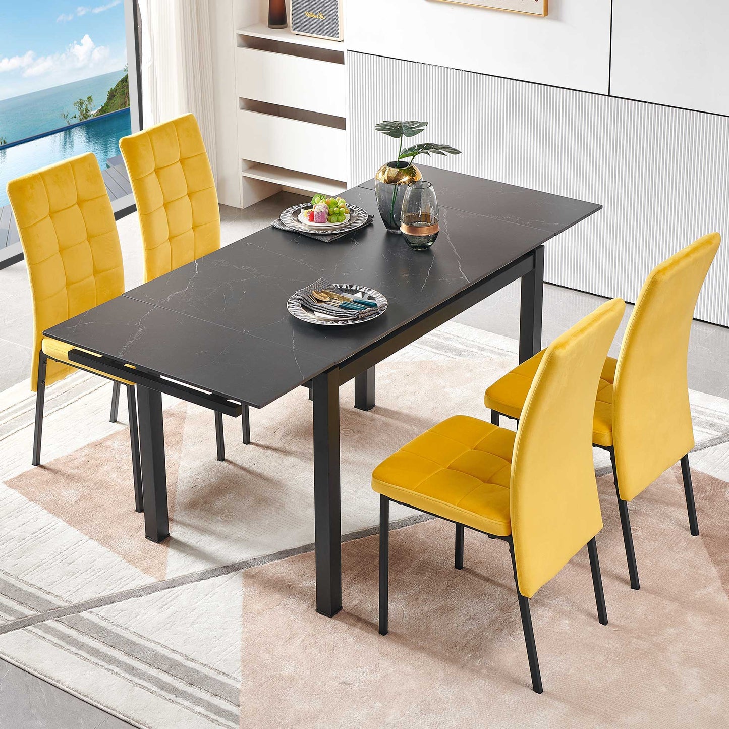 5 Piece Functional Retractable Ceramic Table Dining Table Dining Set, Including Velvet High Back Chairs