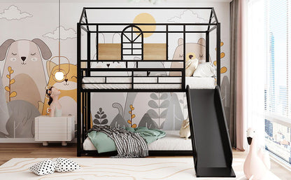 Twin Over Twin Metal Bunk Bed, Metal Housebed With Slide, Three Colors Available