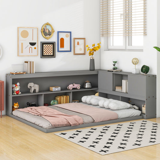 Floor Bed With L-Shaped Bookcases, Sliding Doors, Without Slats