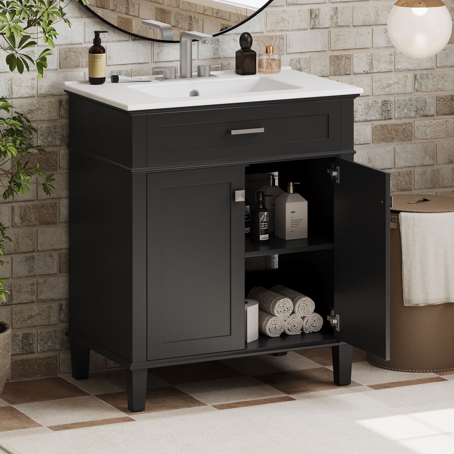 Bathroom Vanity With Ceramic Basin, Soft Close Door And Adjustable Shelves