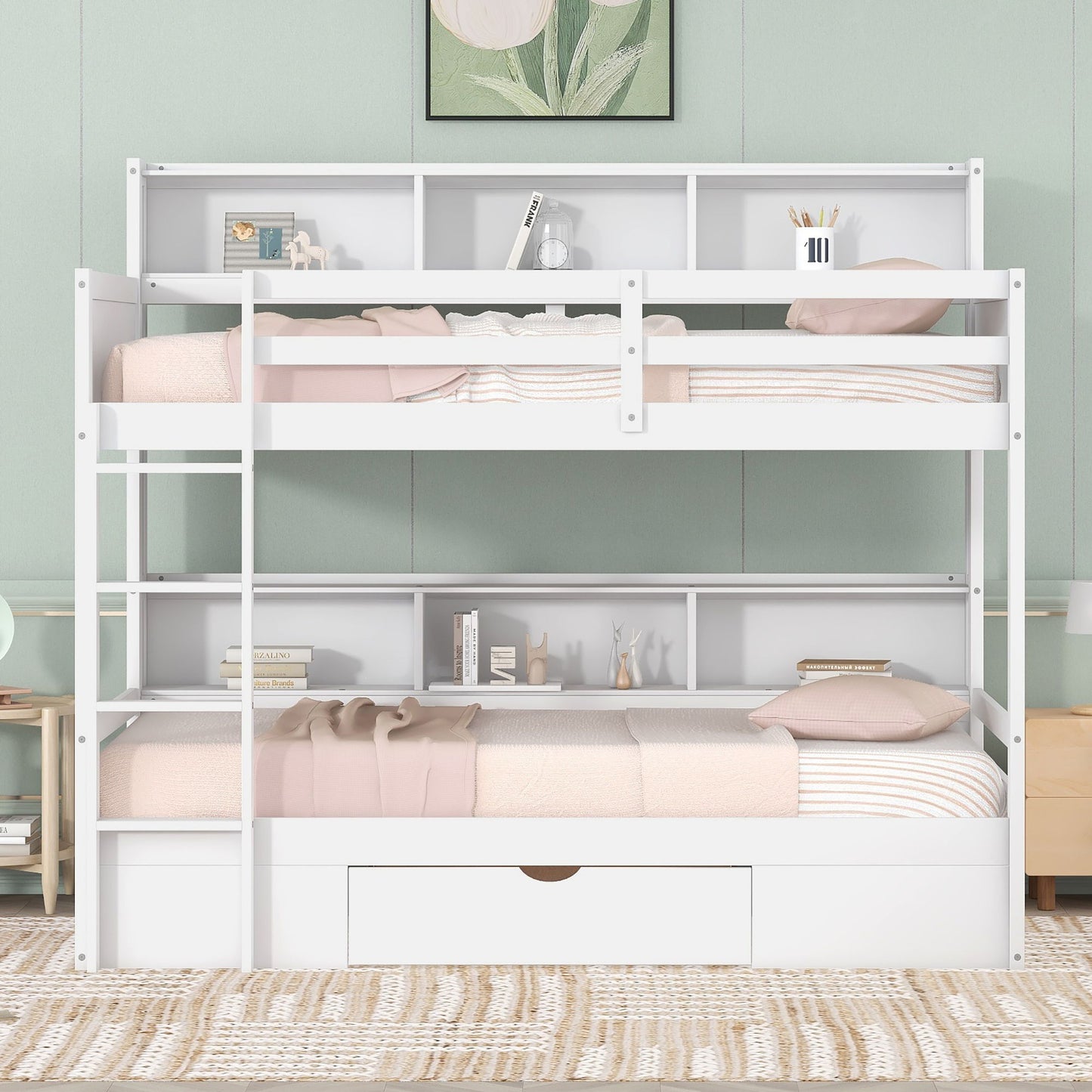 Twin Size Bunk Bed With Built-In Shelves Beside Both Upper And Down Bed And Storage Drawer