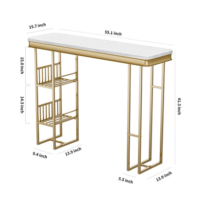 Modern Straight Bar Table With Shelves - White / Gold