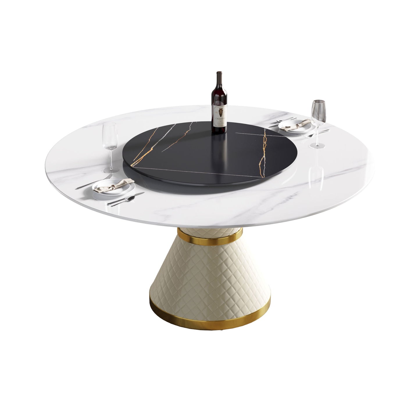 Modern Artificial Stone Round Carbon Steel Base Dining Table, Artificial Stone Turntable