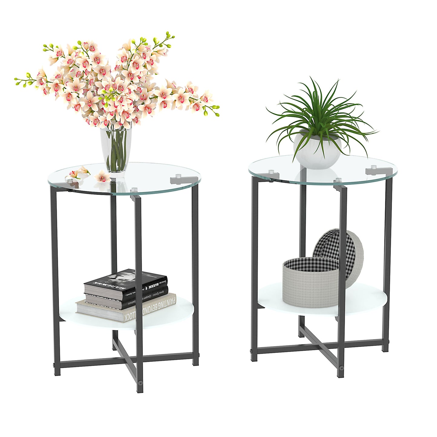 JWS Tempered Glass End Table (Set of 2) , Round Coffee Table For Bedroom Living Room Office - Black