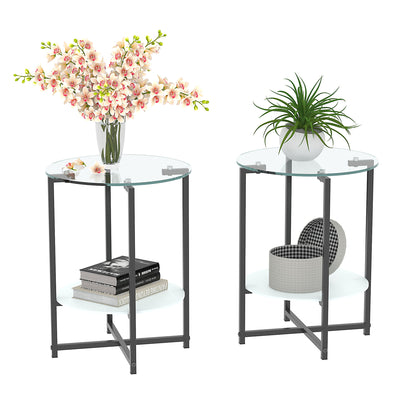 JWS Tempered Glass End Table (Set of 2) , Round Coffee Table For Bedroom Living Room Office - Black