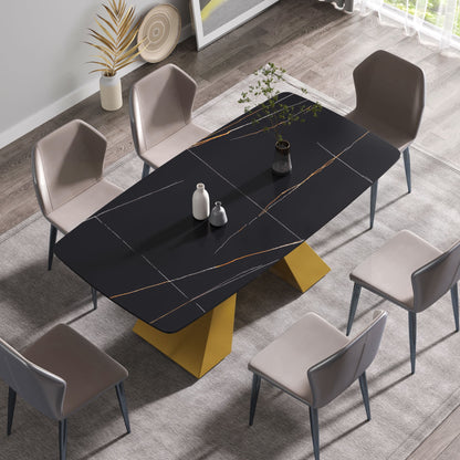 70.87" Modern Artificial Stone Curved Metal Leg Dining Table, Can Accommodate 6-8 People - Black / Gold