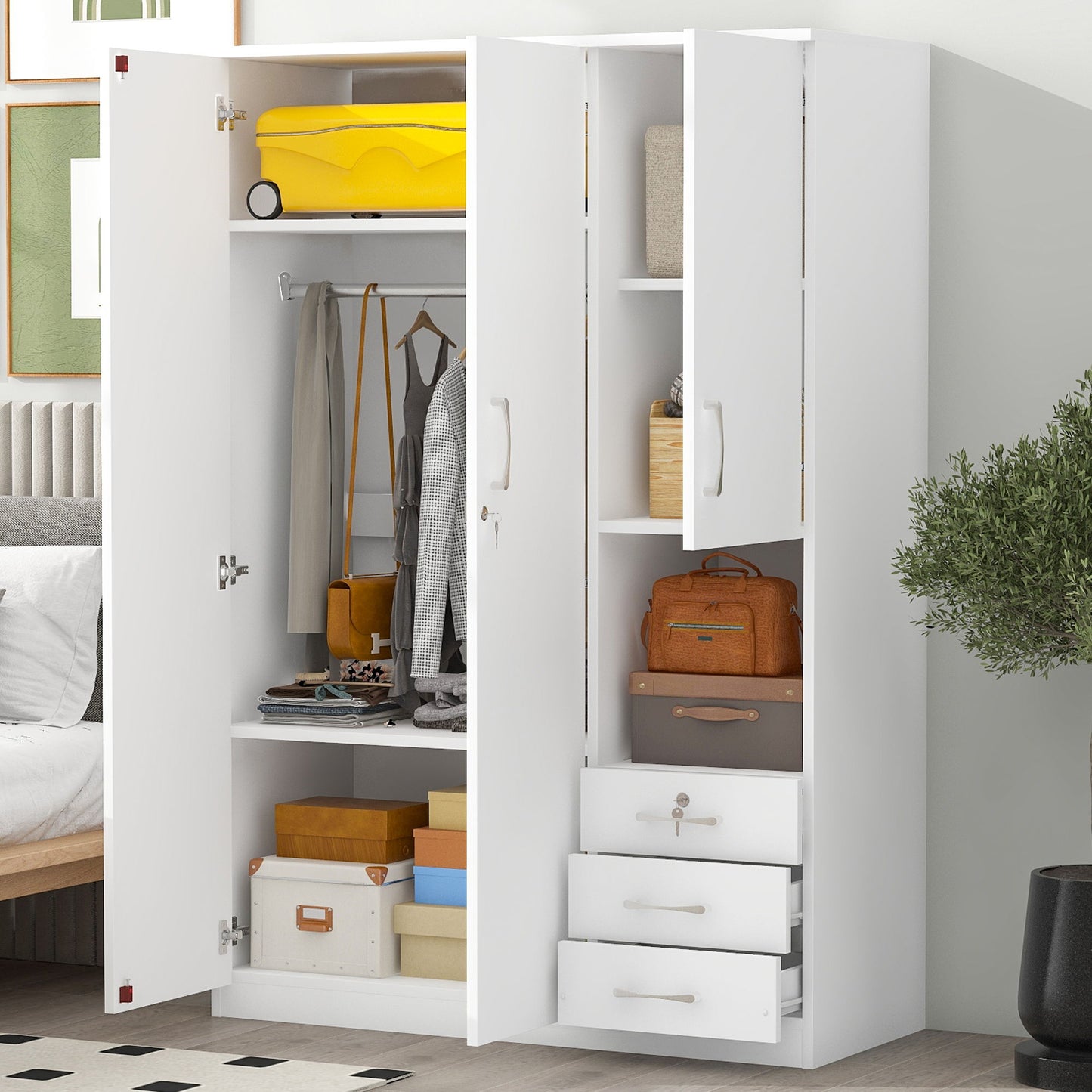 2 Doors Wooden Wardrobe Storage For Bedroom, With Shelves And 3 Drawers