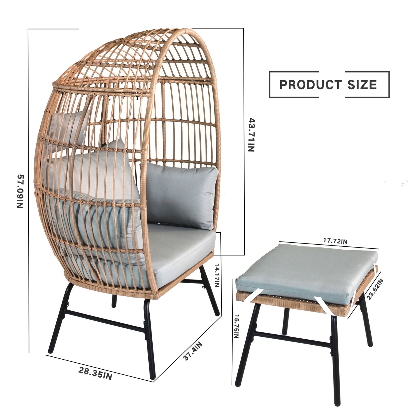 Outdoor Garden Wicker Egg Chair And Footstool Patio Chaise, With Cushions, Outdoor Indoor Basket Chair