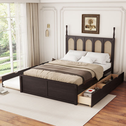 Rattan Platform Bed With With 2 Big Drawers With Trundle