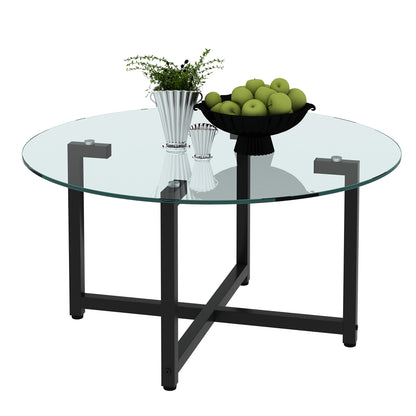 JWS Round Glass Coffee Table, Clear Coffee Table, Modern Side Center Tables For Living Room