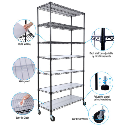 7 Tier Metal Shelf Wire Shelving Unit, 2450Lbs Heavy Duty Adjustable Storage Rack With Wheels & Shelf Liners For Closet Kitchen Garage Basement Commercial Shelving