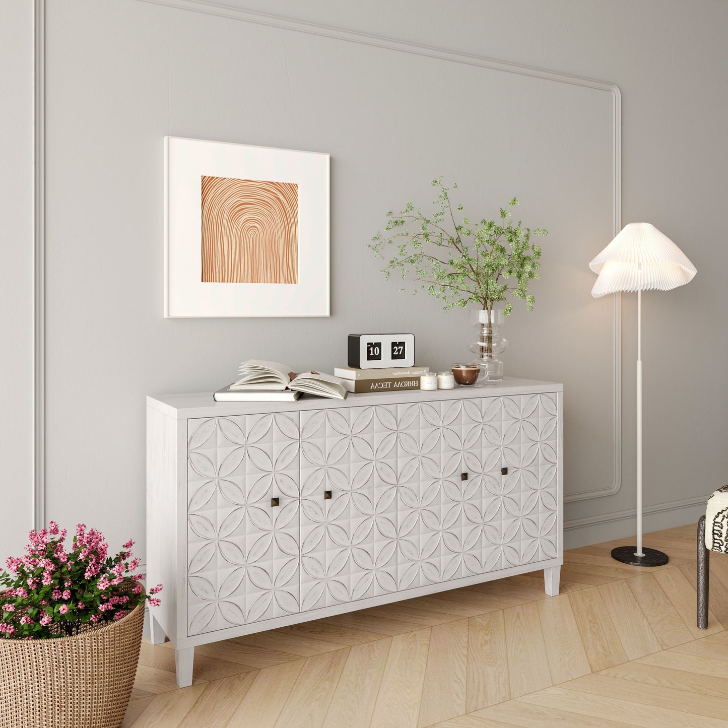 Accent Cabinet 4 Door Wooden Cabinet Sideboard Buffet Server Cabinet Storage Cabinet, For Living Room, Entryway, Hallway, Office, Kitchen And Dining Room - White Wash