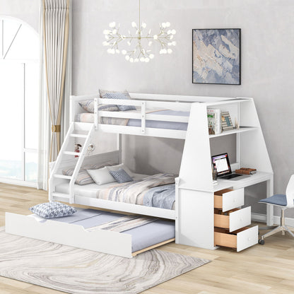 Twin Over Full Bunk Bed With Trundle And Built-In Desk, Three Storage Drawers And Shelf - White