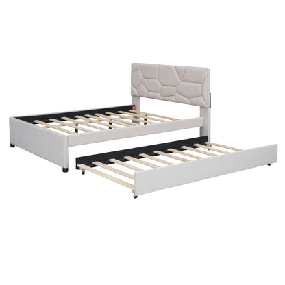 Upholstered Platform Bed With Brick Pattern Headboard And Twin Size Trundle, Linen