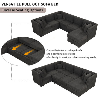 U-Shaped Sectional Sofa Pull Out Sofa Bed With Two USB Ports, Two Power Sockets, Three Back Pillows And A Storage Chaise For Living Room