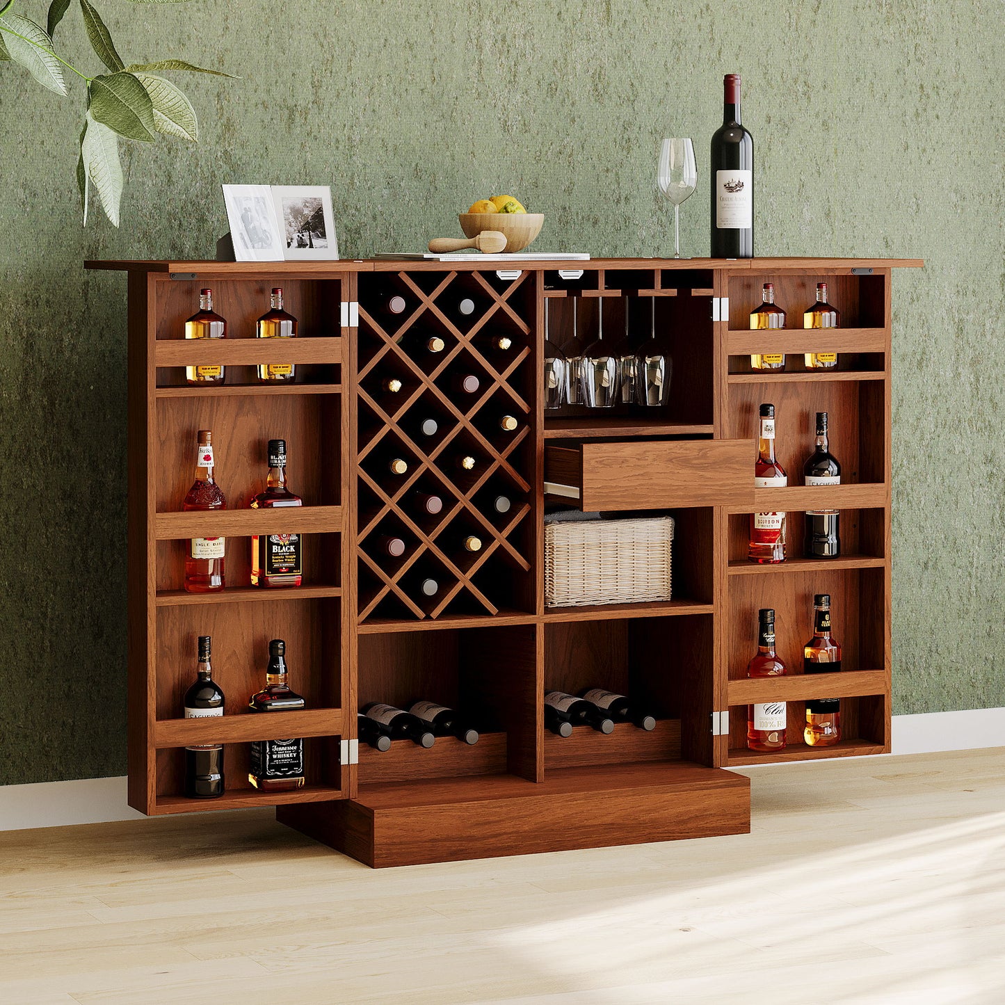 Home Bar Cabinet, Industrial Rattan Door Fold Out Bar Cabinet With Storage Bar Table - Walnut