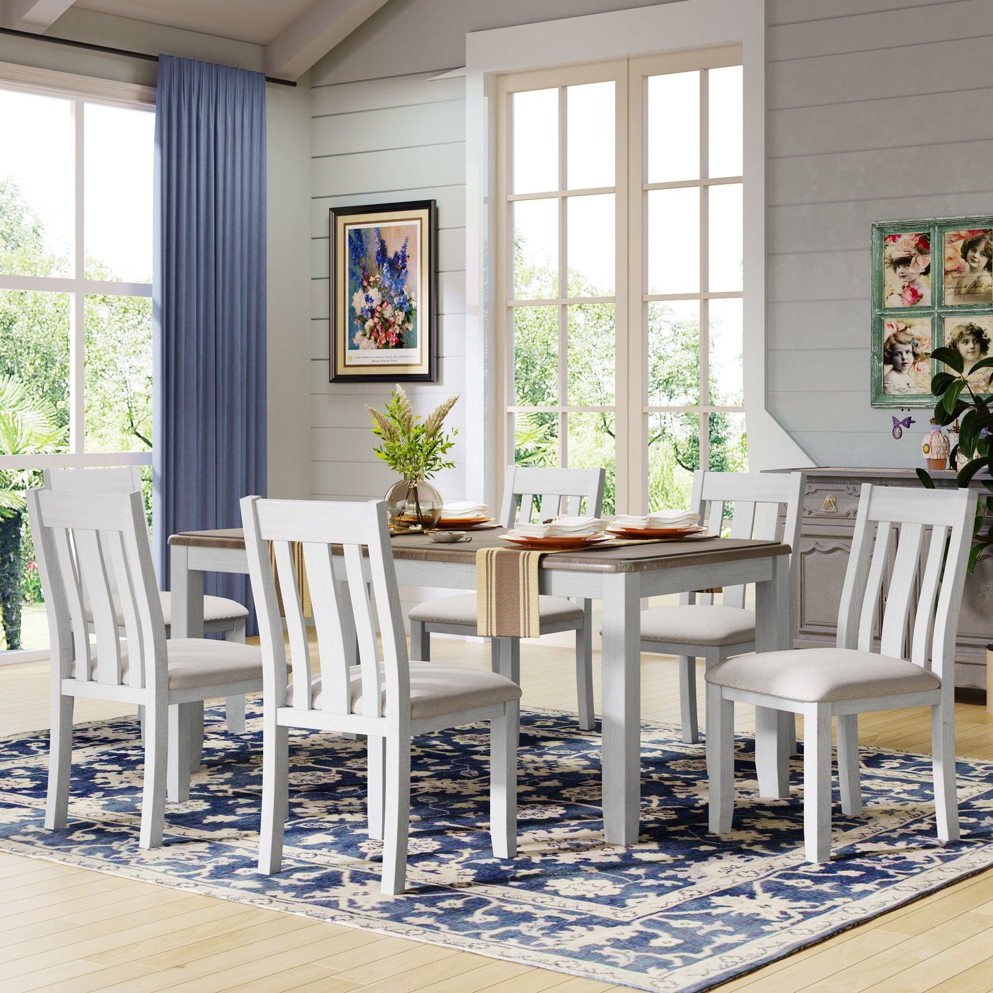 Dining Table Set Retro Style With Extendable Table And Upholstered Chairs