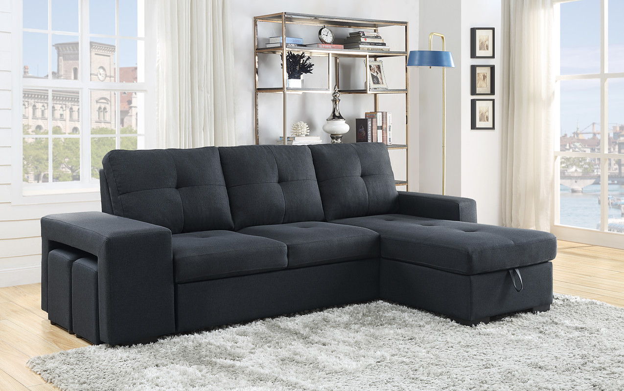 Lucas - Linen Sleeper Sectional Sofa With Reversible Storage Chaise - Dark Gray