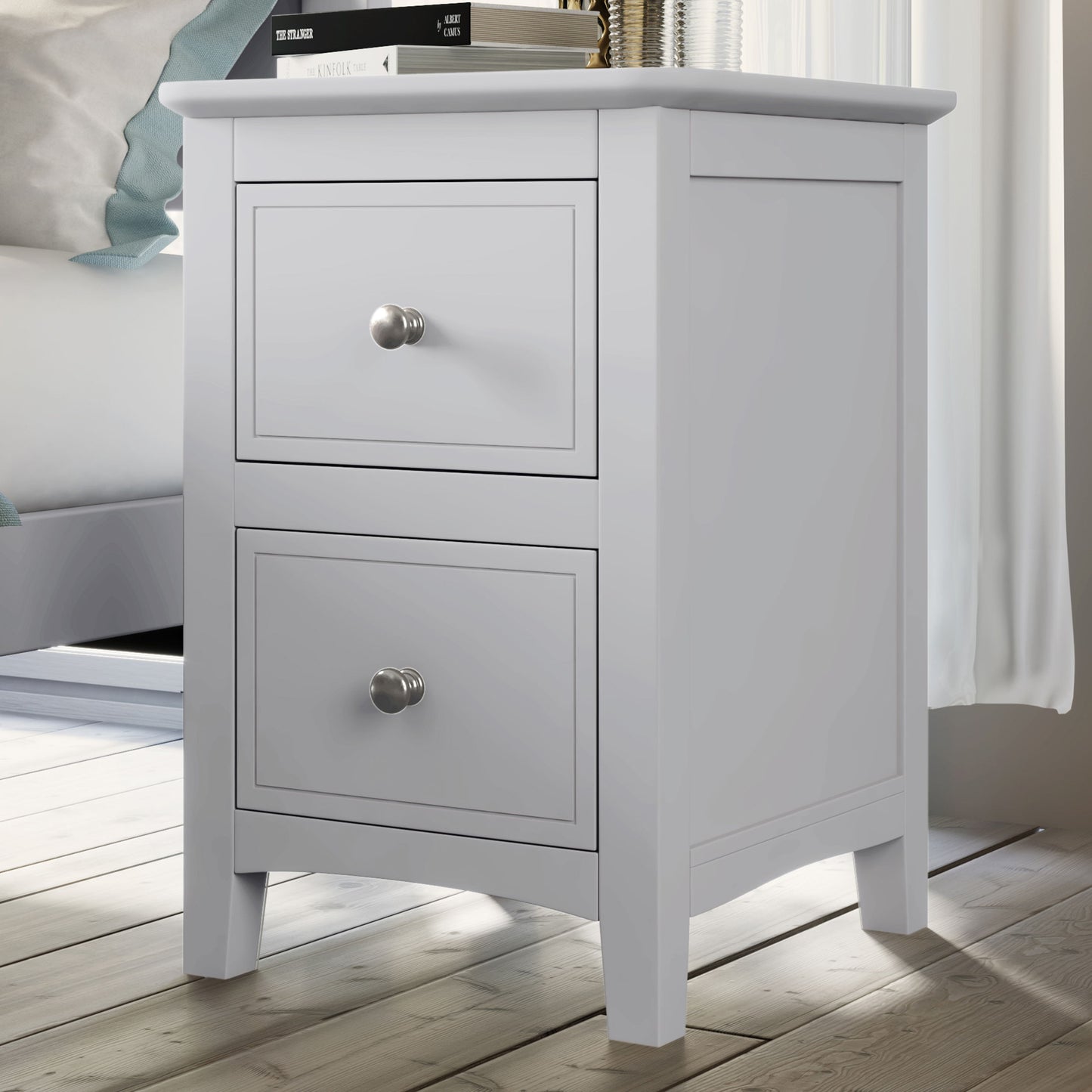 2 Drawers Solid Wood Nightstand End Table - White