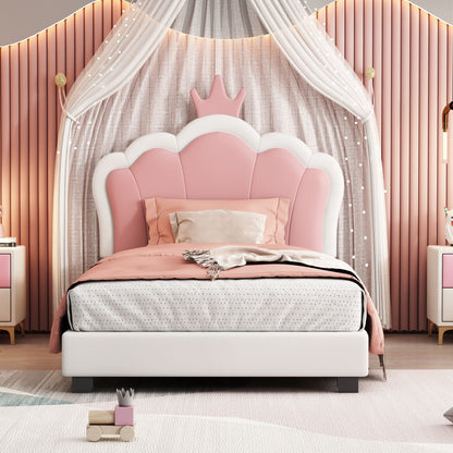 Twin Size Upholstered Princess Bed With Crown Headboard, Twin Size Platform Bed With Headboard And Footboard - White / Pink