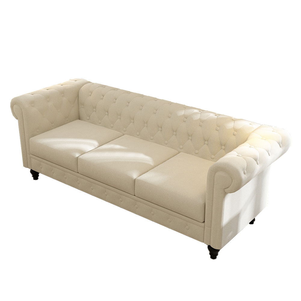 Chesterfield Sofa, 3-Seater Plush Fabric With Tufted Buttons And Wooden Legs, Classic Design - Beige