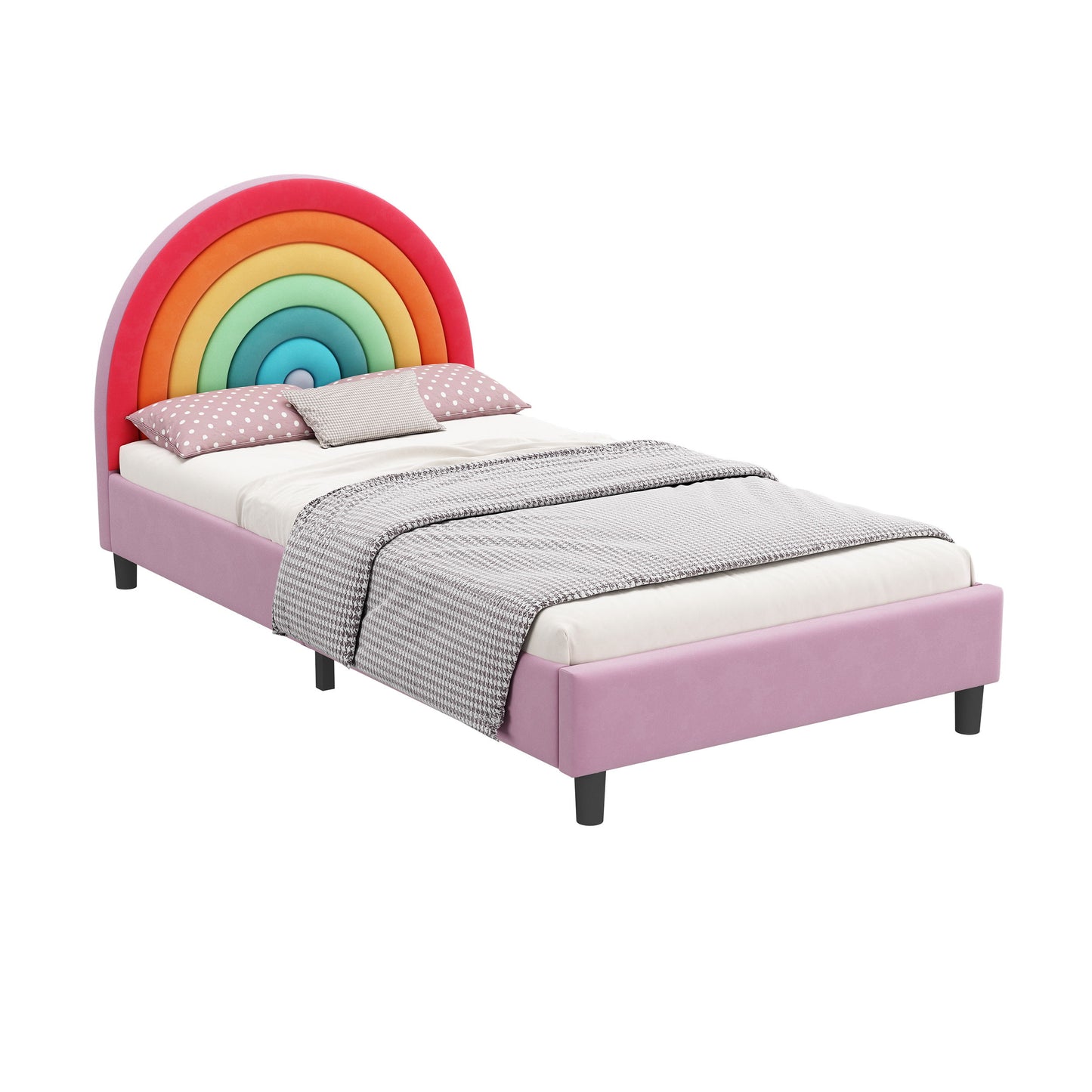 Rainbow Design Upholstered Twin Platform Bed Cute Style Princess Bed For Boys & Girls, Teens - Colorful / Pink