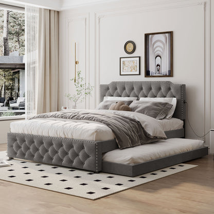 Upholstered Platform Bed With Twin Size Trundle And 2 Sets Of USB Ports On Each Side, Linen Fabric