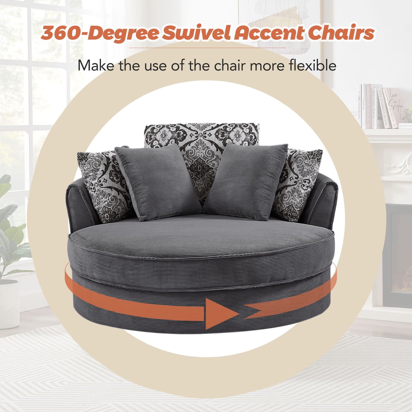 Swivel Accent Barrel Chair With 5 Movable Pillow 360° Swivel Round Sofa Chair For Living Room, Bedroom, Hotel