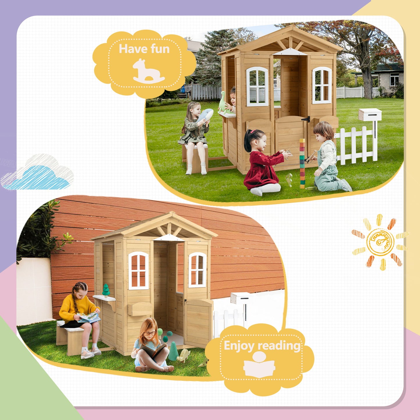 Wooden Playhouse For Kids Outdoor With Working Door, Windows, Mailbox, Bench, Flowers Pot Holder - Natural