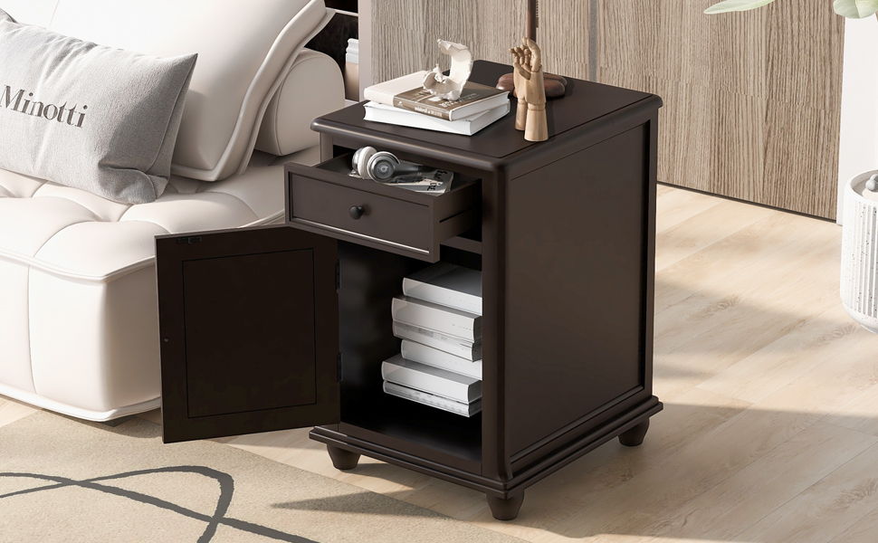 End Table With Solid Wood Legs, Side Table With USB Ports, 1 Storage Cabinet And 1 Drawer For Living Room