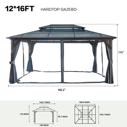 Hardtop Gazebo For Patios, Outdoor Framed Gazebo With Polycarbonate Double Roof Canopy, Solid Framed Gazebo With Privacy Curtains And Mosquito Nettings For Garden, Backyard