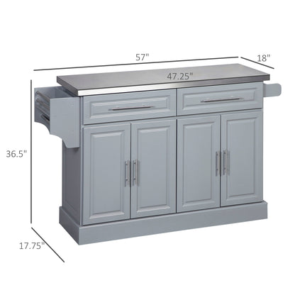 Homcom - Rolling Kitchen Island With Storage, Portable Kitchen Cart With Stainless Steel Top, 2 Drawers, Spice, Knife And Towel Rack And Cabinets