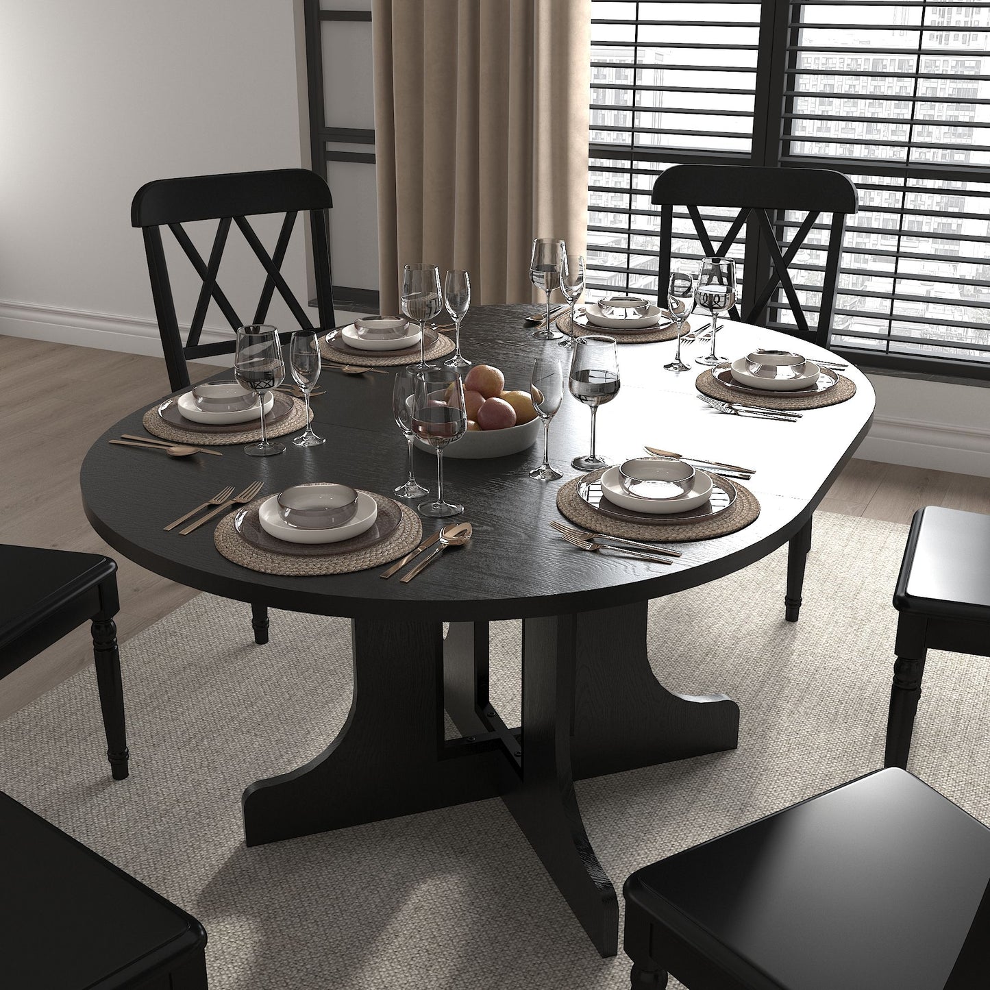 Dining Table For Farmhouse Kitchen Expandable Oval Table Top With Removable Leaf Trestle X Shaped Base - Black