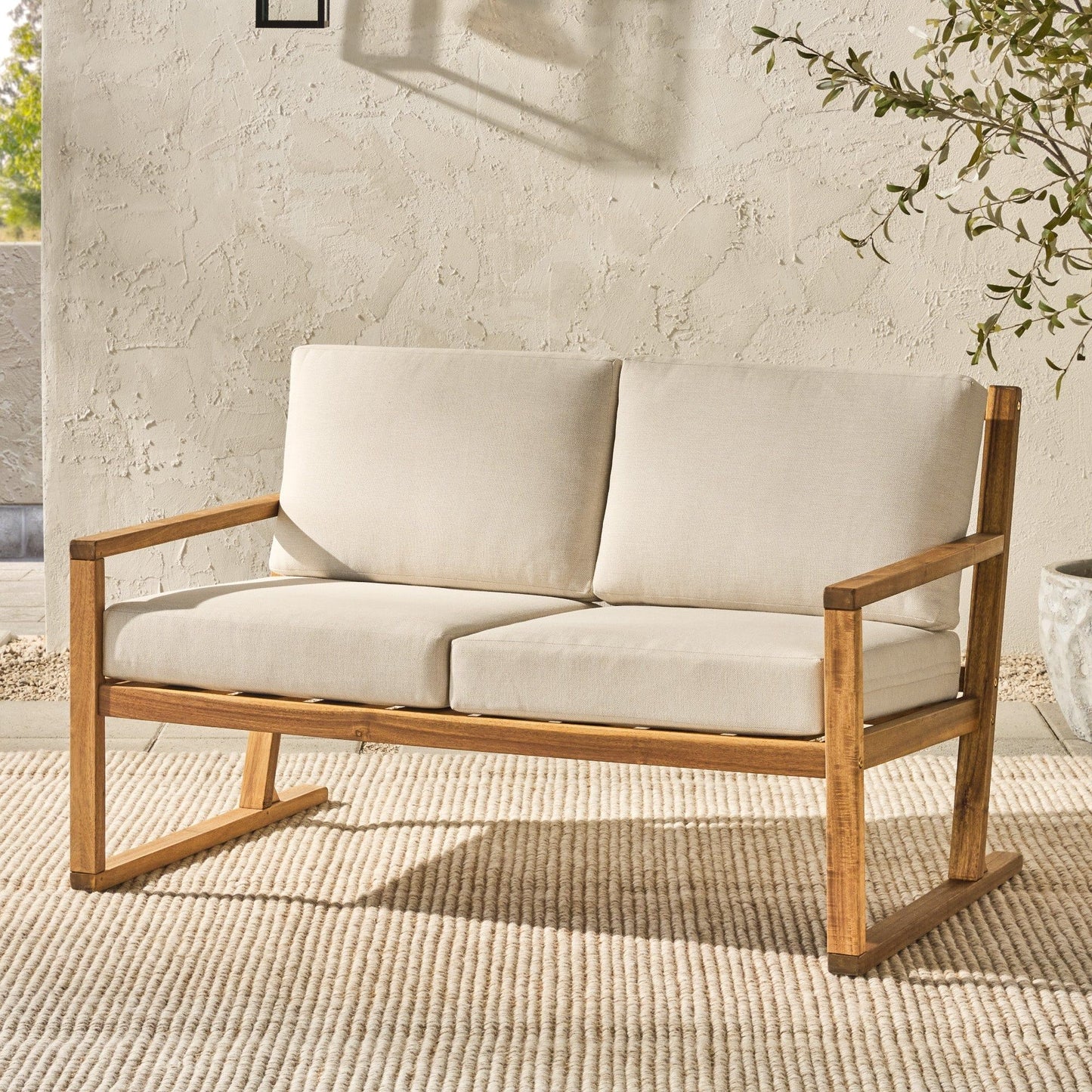 Contemporary Solid Wood Slat Back Patio Loveseat - Natural