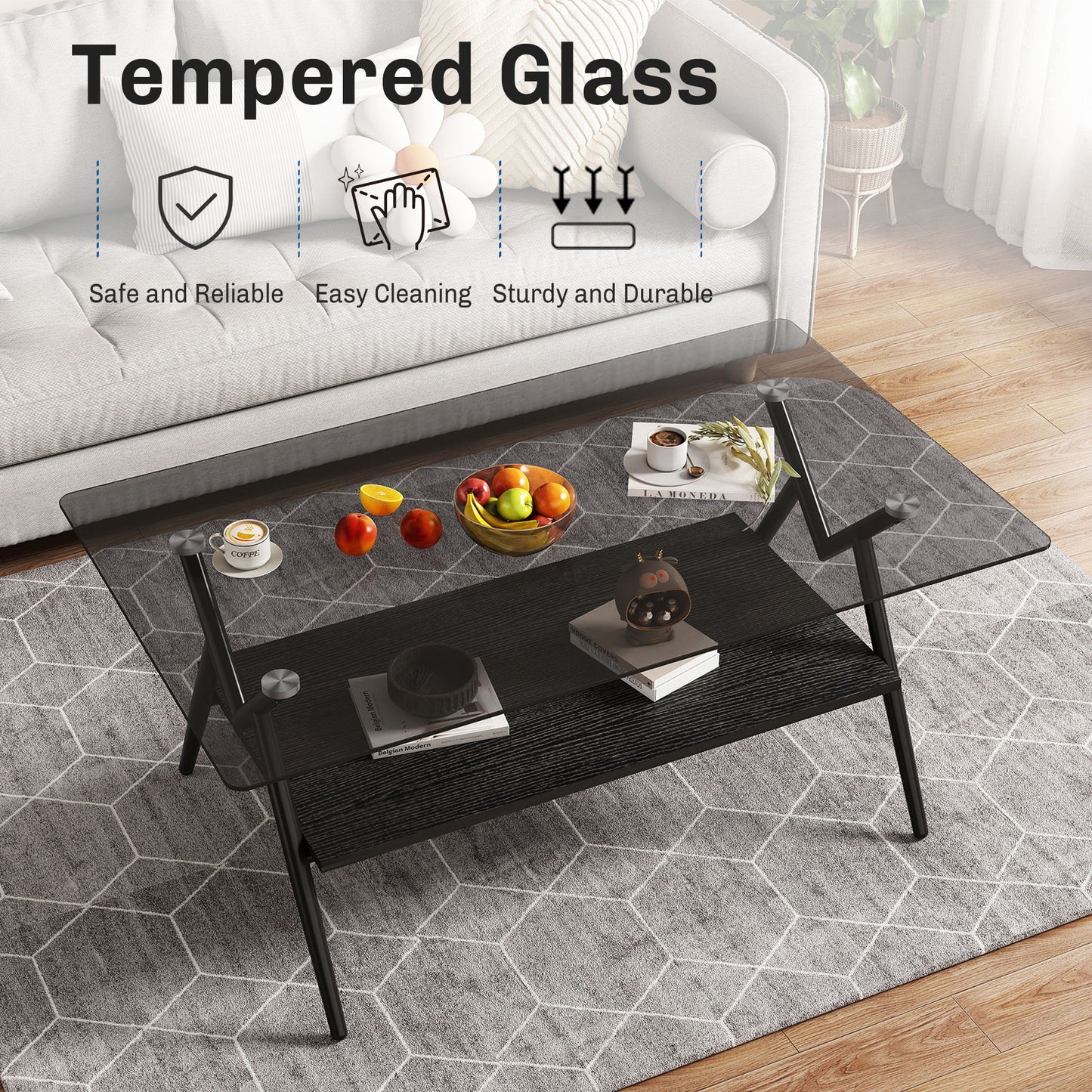 Rectangle Coffee Table With Tempered Glass Top And MDF Shelf, Modern Table For Living Room