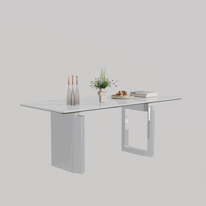 Sintered Stone Composite Tempered Glass Top Rectangular Dining Table With Stainless Steel Base