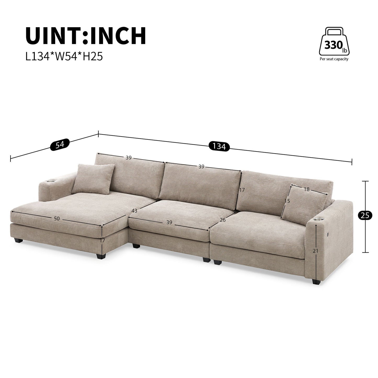 Oversized Corduroy Sectional Sofa, L Shaped Cloud Couch With USB Charging Port, Cup Holder, Deep Seat Sofa Bed With 50" Chaise, Comfy Indoor Furniture For Living Room