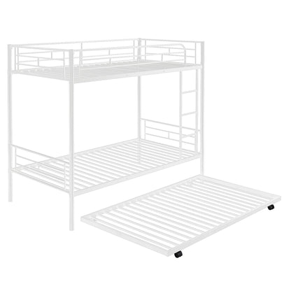 Twin Over Twin Metal Bunk Bed With Trundle, Can Be Divided Into Two Beds, No Box Spring Needed - White