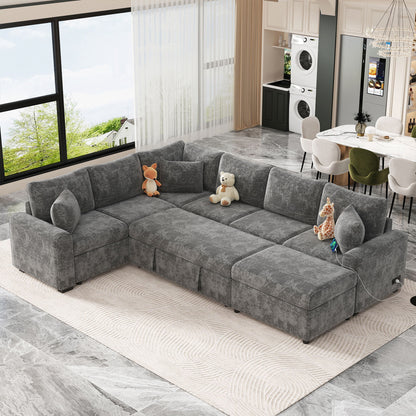 Sectional Sofa Pull-Out Sofa Bed Sleeper With A Storage Ottoman, Three Pillows And Charging Devices For Living Room