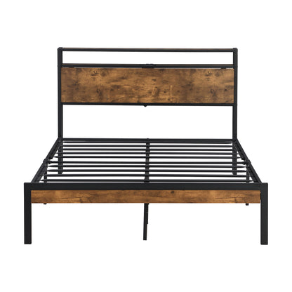 Metal Platform Bed Frame With Wooden Headboard And Footboard With USB Liner, No Box Spring Needed, Under Bed Storage