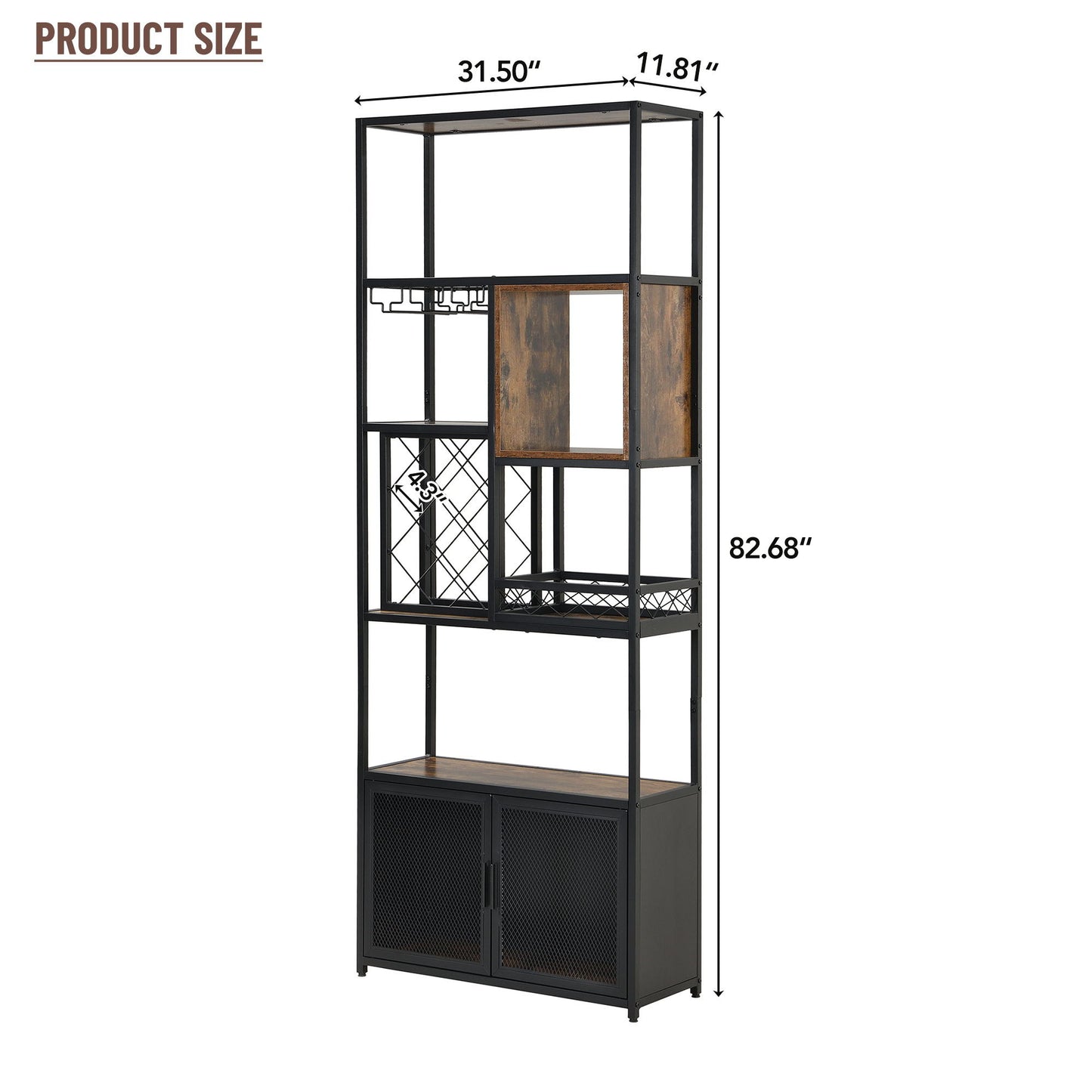 Industrial Tall Black Bar Wine Rack Cabinet With Glass Holder Wood Home Bar Cabinet - Walnut / Black