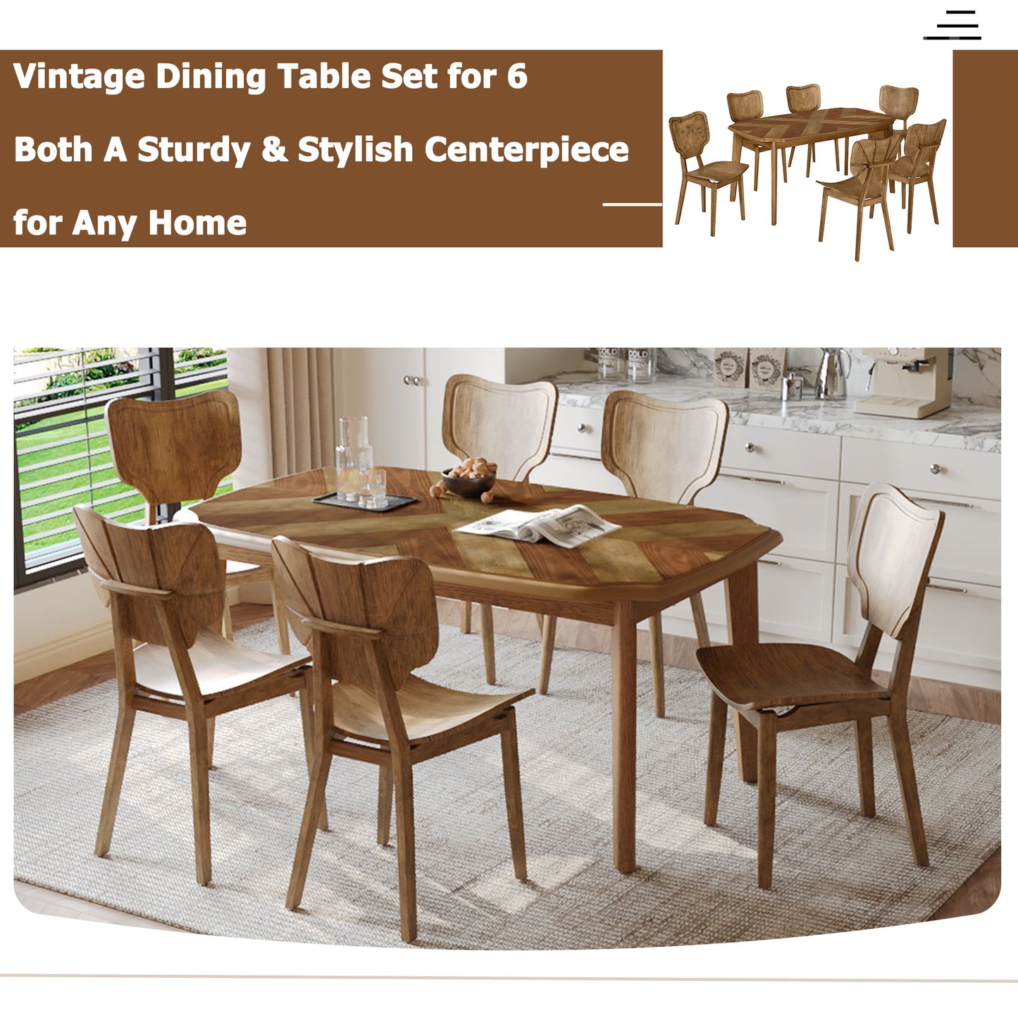 Topmax - 7 Piece Vintage Dining Table Set With 6 Dining Chairs, Kitchen Table Set For 6 With Curved Back And Seat