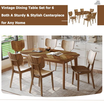 Topmax - 7 Piece Vintage Dining Table Set With 6 Dining Chairs, Kitchen Table Set For 6 With Curved Back And Seat