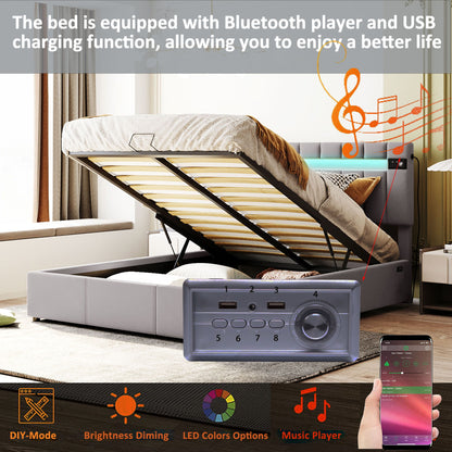 Queen Size Upholstered Bed With Led Light - Bluetooth Player And USB Charging, Hydraulic Storage Bed