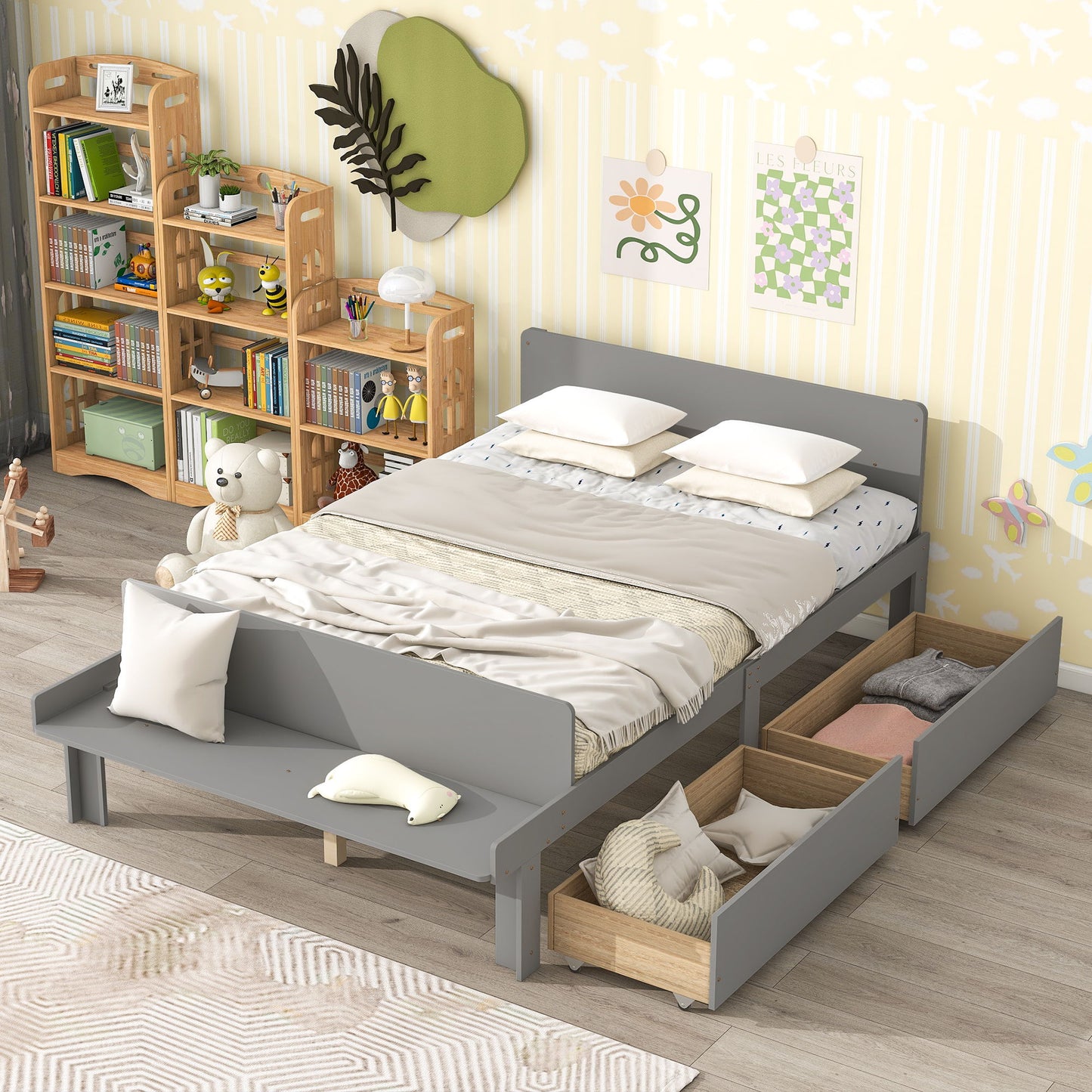 Bed With Footboard Bench, 2 Drawers