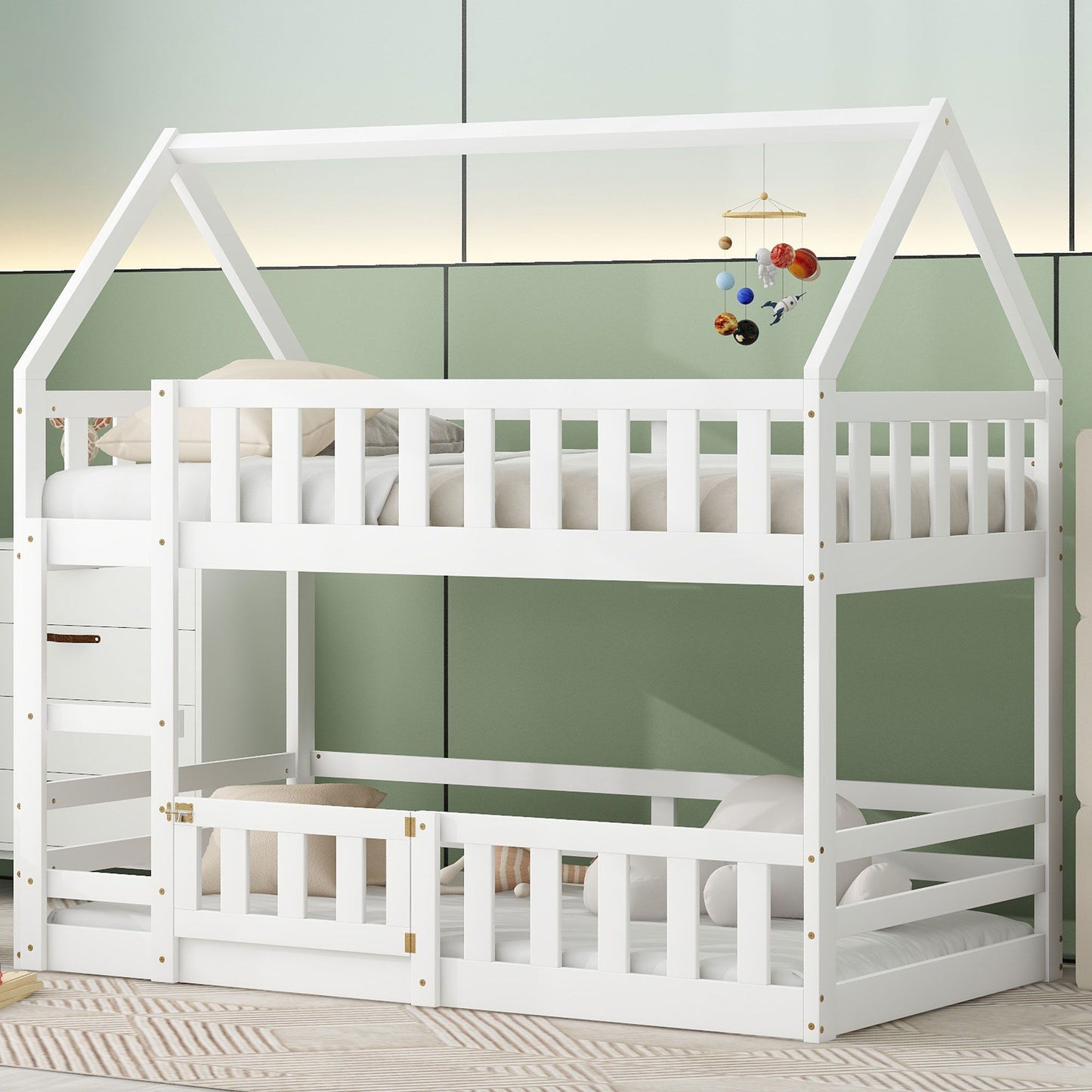 Twin Over Twin House Bunk Bed With Fence And Door - Gray